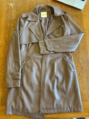 bagatelle Brown Faux Leather Trench Coat with Zippered Pockets